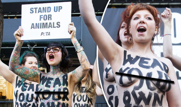 London Fashion Week protested by topless PETA activists and plus size women in lingerie