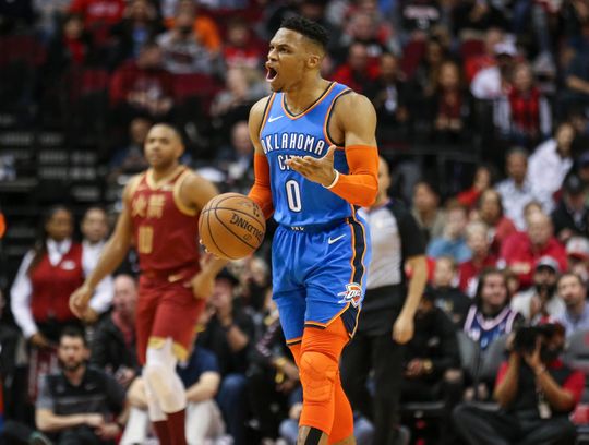 Russell Westbrook ties NBA record for consecutive triple-doubles; James Harden scores 42