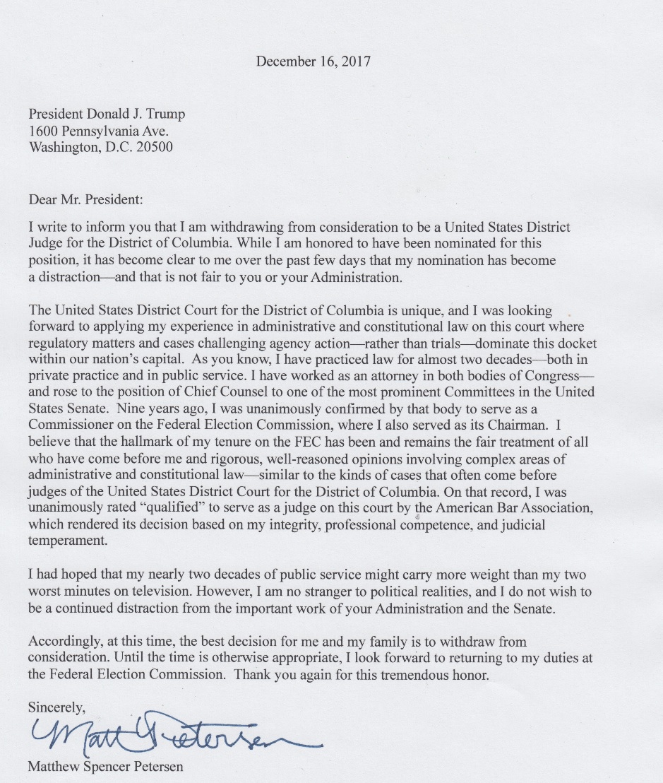 Matthew Petersens letter to Trump withdrawing his judicial nomination