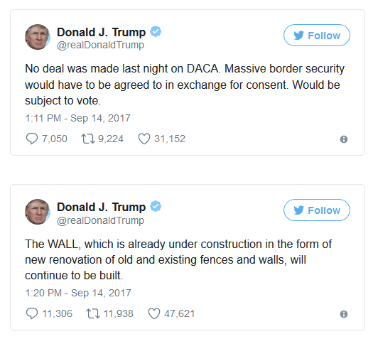 In a series of tweets, Trump denied he made a deal with Dems on immigration