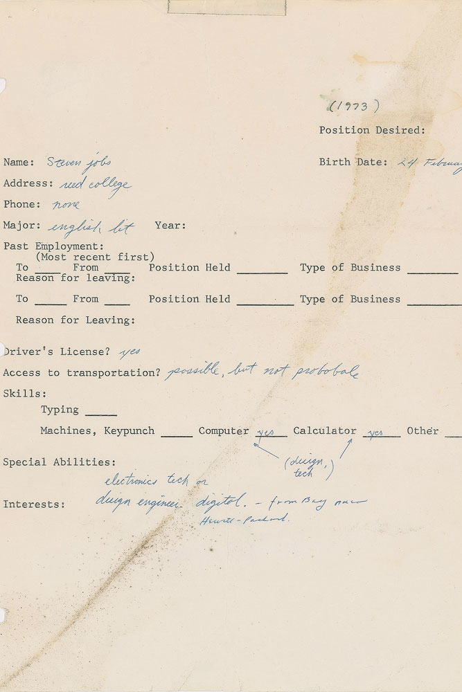 Steve Jobs 1973 job application sells for over $174K