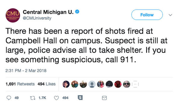 Central Michigan University shooting TWO DEAD -  ALL schools in city on lockdown