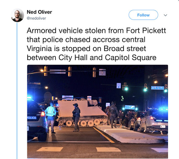 Social media in MELTDOWN as video emerges of police chasing STOLEN TANK in Virginia, US