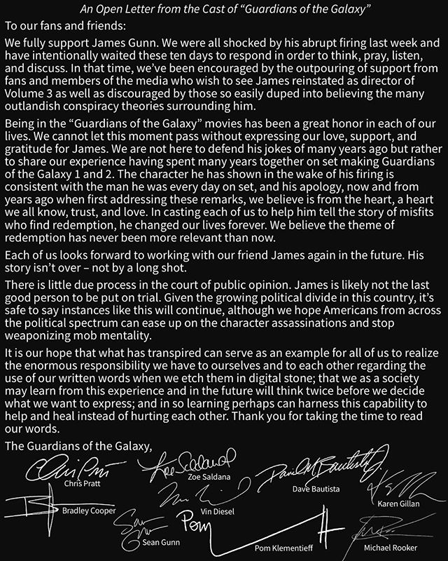 Guardians of the Galaxy cast signs open letter in support of James Gunn
