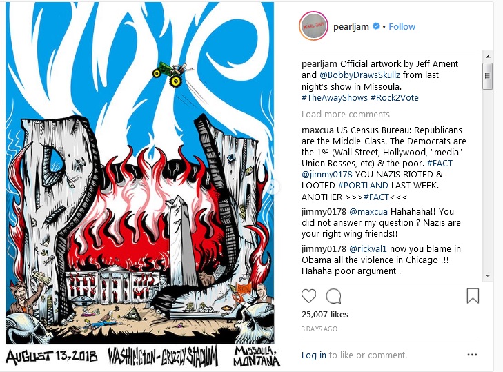 Pearl Jam defends poster showing eagle pecking Trumps corpse, burning White House