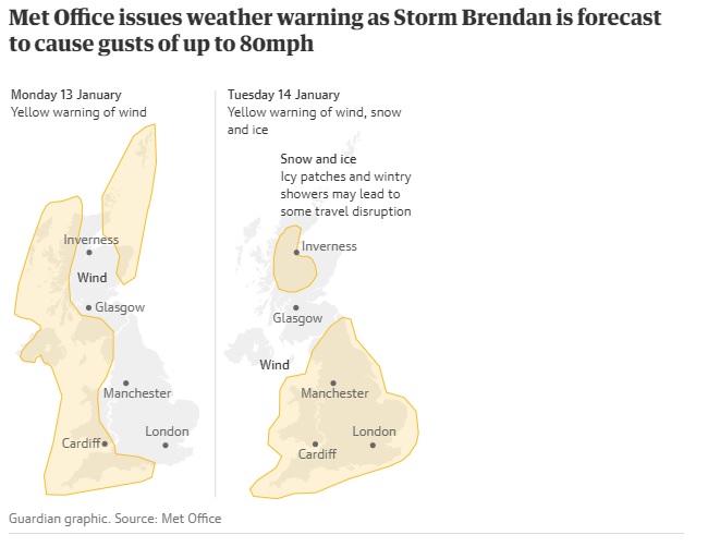 UK weather: Storm Brendan blows in across Britain