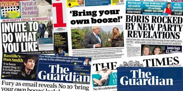 ‘Bring your own booze’: newspapers lash PM over latest Downing Street party claim